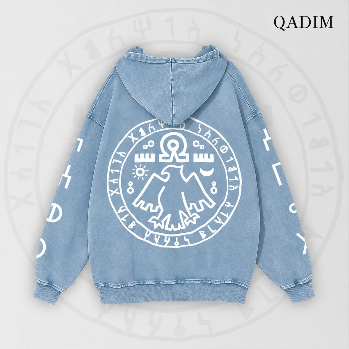 QADIM 7 Eagles washed hoodie in washed baby blue, eagle seal back print | هودي ٧ نسور مغسول بيبي بلو من ورا