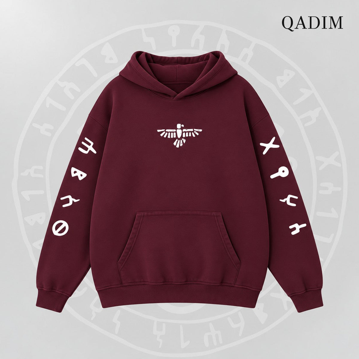 QADIM 7 Eagles relaxed hoodie in burgundy, front emblem | هودي ٧ نسور ريلاكس نبيتي من قدّام