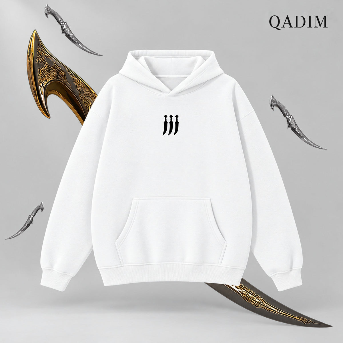 QADIM Jambiya relaxed hoodie in white, three-dagger front emblem | هودي جنبية ريلاكس أبيض من قدّام