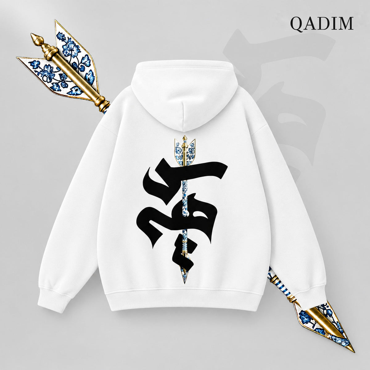QADIM Sahm relaxed hoodie in white, arrow calligraphy back print | هودي سهم ريلاكس أبيض من ورا