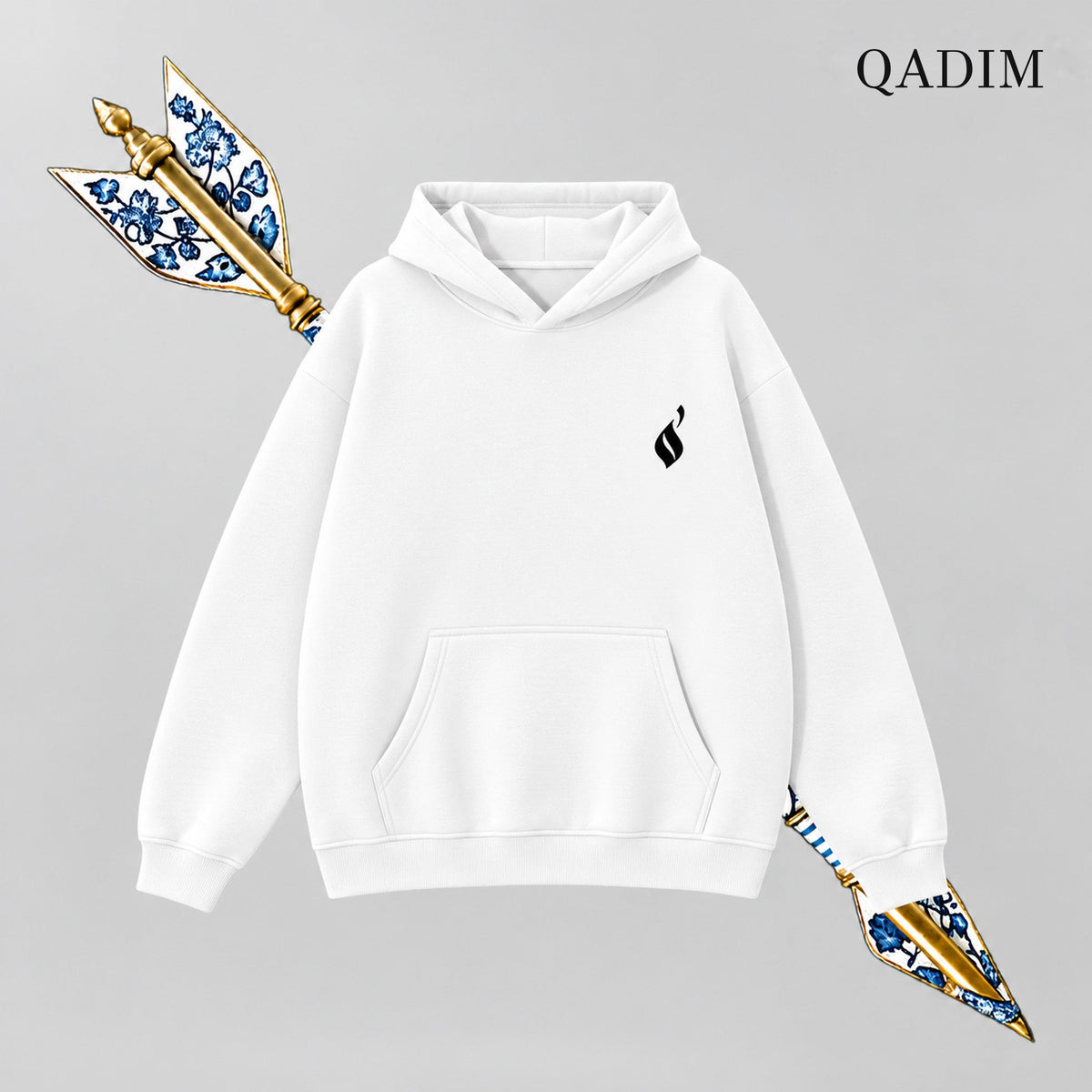 QADIM Sahm relaxed hoodie in white, front emblem | هودي سهم ريلاكس أبيض من قدّام