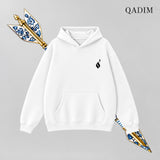 QADIM Sahm relaxed hoodie in white, front emblem | هودي سهم ريلاكس أبيض من قدّام