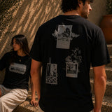 QADIM Naqsh black half sleeve tee back artwork worn by male and female model in editorial setting