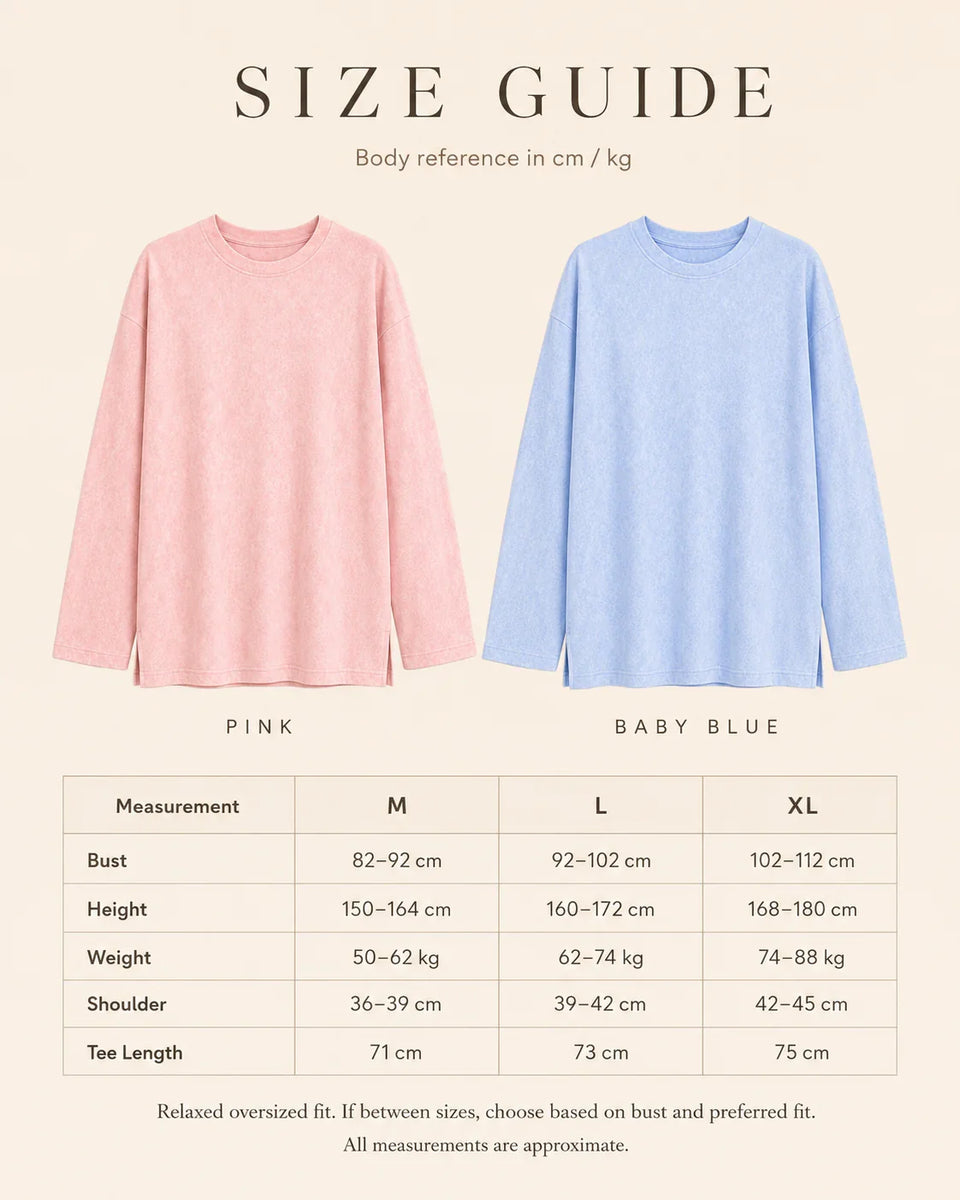 Size guide for QADIM Washed Long Sleeve Tee with bust, height, weight, shoulder, and tee length measurements
