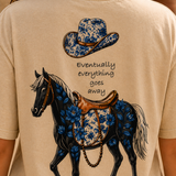 Beige t-shirt with a horse and floral cowboy hat design on the back