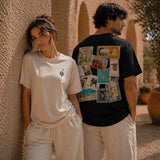 Two people standing outdoors, one wearing a white t-shirt with a logo and the other wearing a black t-shirt with vintage stamp designs.