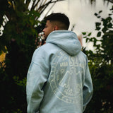 QADIM 7 Eagles washed hoodie in baby blue, side view | هودي ٧ نسور مغسول بيبي بلو