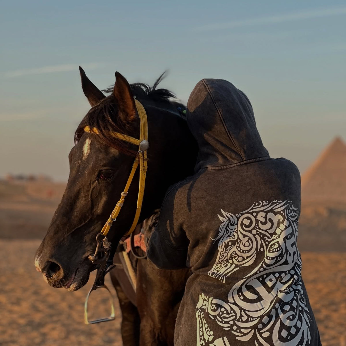 QADIM Asil washed hoodie in black with an Arabian horse at the Giza pyramids — @atharelsherbiny | أصيل أسود عند الأهرامات