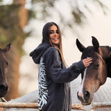 QADIM Asil washed hoodie in black, side view with horses — @marwaabuelezz | أصيل أسود مع الخيل
