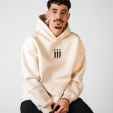 QADIM Jambiya relaxed hoodie in white, three-dagger front emblem | هودي جنبية ريلاكس أبيض من قدّام