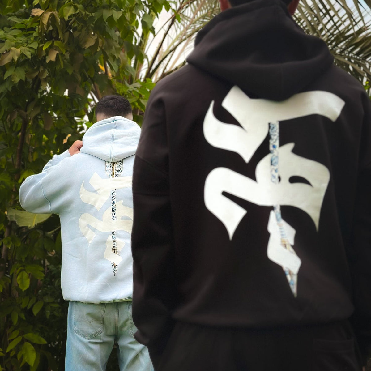 QADIM Sahm relaxed hoodie in black, back print, garden | هودي سهم ريلاكس أسود من ورا