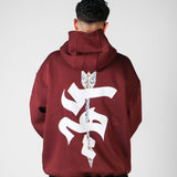 QADIM Sahm relaxed hoodie in burgundy, arrow and calligraphy back print | ضهر هودي سهم الريلاكس النبيتي