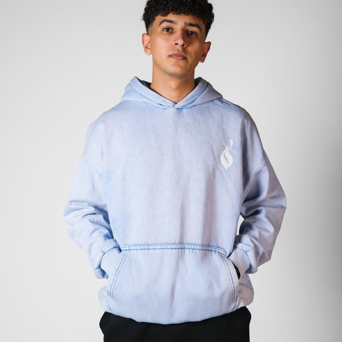 QADIM Sahm washed hoodie in baby blue, front, male model | هودي سهم مغسول بيبي بلو من قدّام