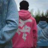 QADIM Sahm washed hoodie in rose, back print, outdoor | هودي سهم مغسول روز في الخارج