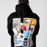 QADIM Tawabie relaxed hoodie in black, vintage stamps back print | ضهر هودي طوابع الريلاكس الأسود