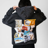 QADIM Tawabie washed hoodie in black, stamp collage back print | ضهر هودي طوابع المغسول الأسود